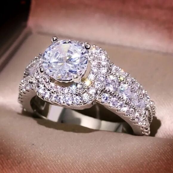 Classy Ring Square Halo Design Paved Full Shiny Zircon Silver Tone Ring - Picture 5 of 8